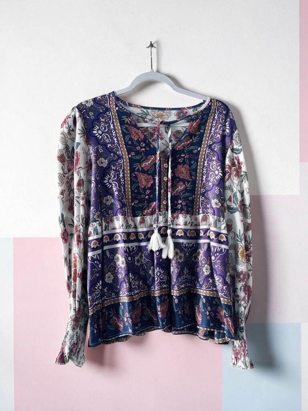 Source Unknown Purple Floral Boho Tunic with Tassel Tie